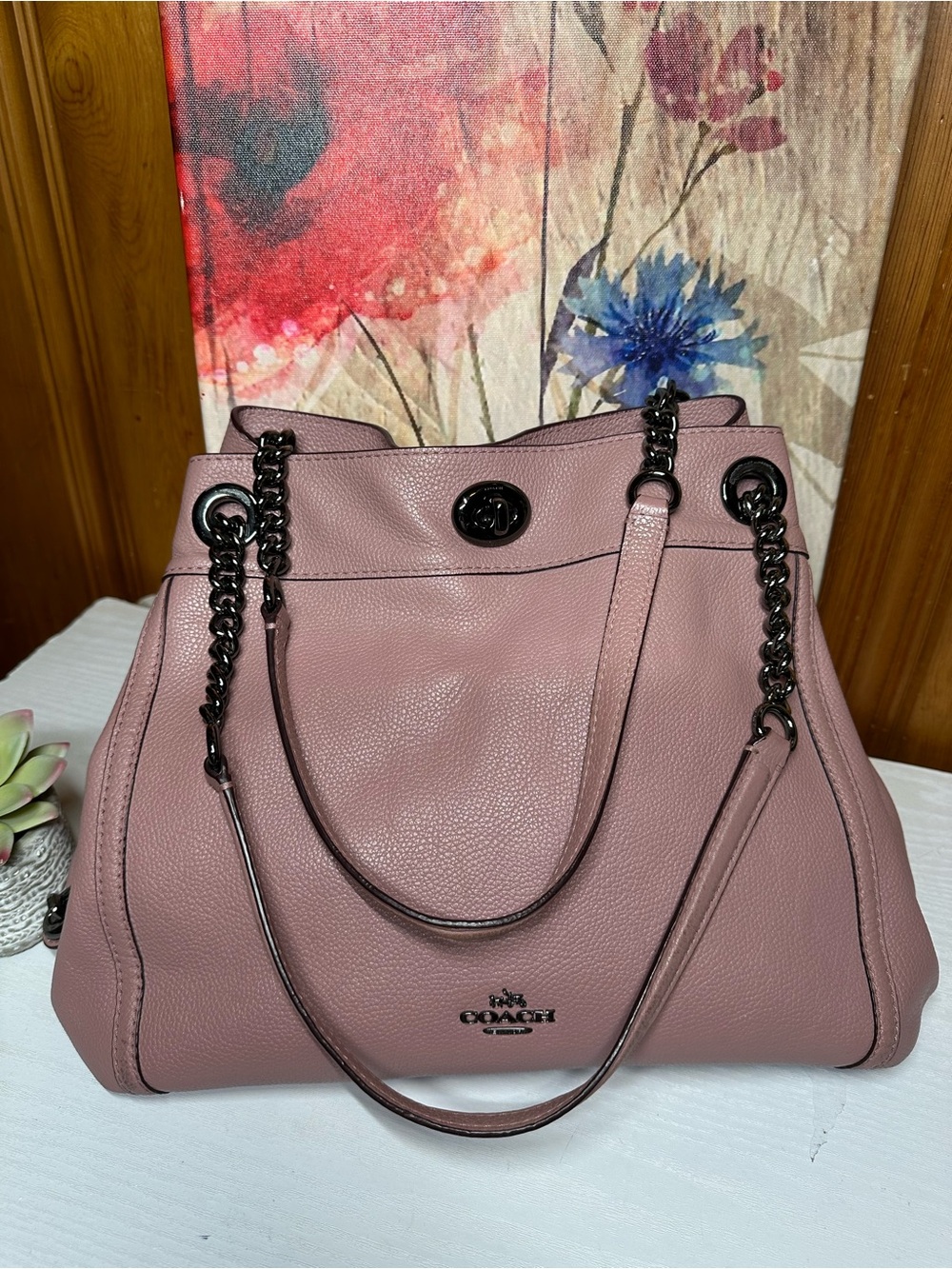 Coach Dusty Rose Pebbled Leather Shoulder Bag with Chain Straps - Picture 15 of 16